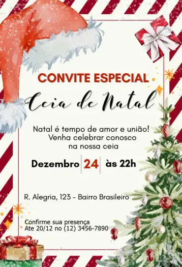Convite Ceia de Natal para ceia de natal – tema datas comemorativas (dourado, vermelho, verde, rústico, minimalista)