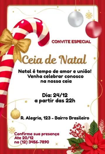 Convite Ceia de Natal para ceia de natal com amigos e familiares. – tema datas comemorativas (natalino, tradicional, acolhedor, colorido, carnaval, vintage)