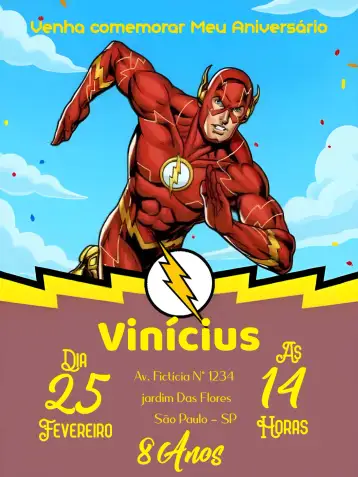 Convite The Flash Rojo para cumpleaños o evento temático. – tema más buscados (moderno, colorido, dinámico, temático, juvenil)