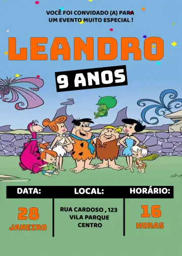 Convite Los Picapiedra Bam para cumpleaños infantil con temática picapiedra. – tema cumpleaños infantil (colorido, divertido, vintage, temático, animado, pré-histórico)