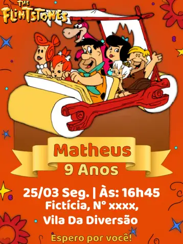 Convite The Flintstones Pedrita para aniversário infantil – tema aniversário infantil (colorido, vintage, temático, divertido, pré-histórico)