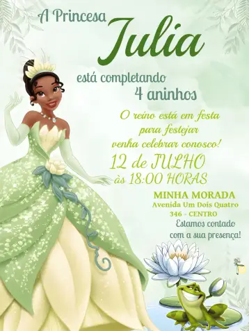 Convite Tiana A Princesa E O Sapo Diana para aniversário infantil com tema da disney. – tema mais pesquisados (verde, glitter, Disney, fantasia, princesa, colorido)