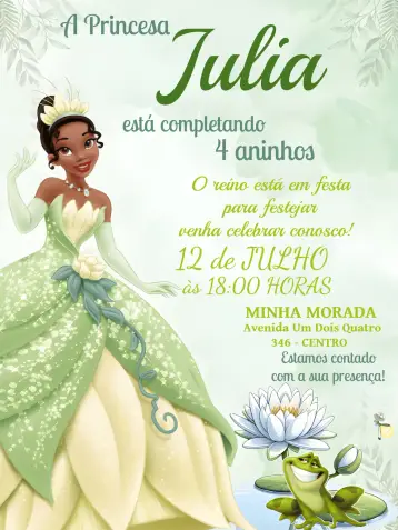 Convite Tiana A Princesa E O Sapo Diana editável e personalizável