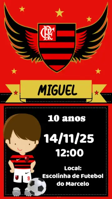 Convite Time do Flamengo para aniversário de fãs de futebol e do flamengo. – tema aniversário (rubro-negro, futebol, moderno, dinâmico, esportivo, colorido)
