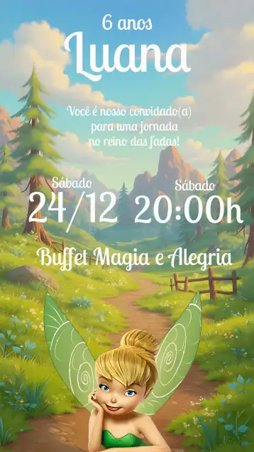 Convite Tinker Bell Infantil para aniversário infantil com tema de fadas. – tema mais pesquisados (mágico, colorido, fantasia, infantil, lúdico, fadas)