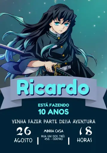 Convite Tokito Muichiro Demon Slayer Manga para children's birthday with an anime theme. – tema most searched for (colorful, anime-themed, modern, youthful, fun)