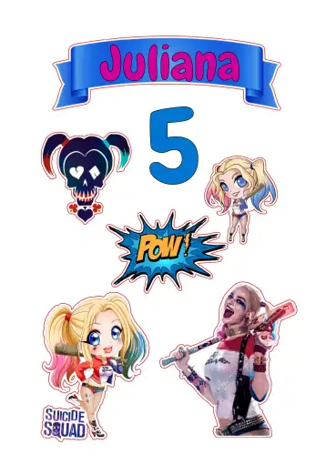 Convite Topper de Pastel de Harley Quinn Digital para cumpleaños infantil – tema cumpleaños infantil (colorido, divertido, moderno, temático, vibrante, ilustrativo)