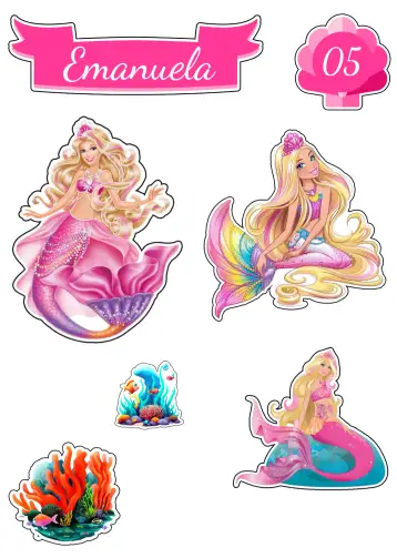 Convite Topper de Pastel Barbie Sirena para cumpleaños infantil con temática de sirenas. – tema topper de torta (colorido, marino, mágico, infantil, vibrante, divertido)