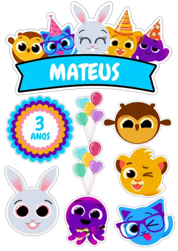 Convite Cake Topper Bolofofos Cake para kids birthday – tema cake topper (colorful, fun, childish, animals, themed party)