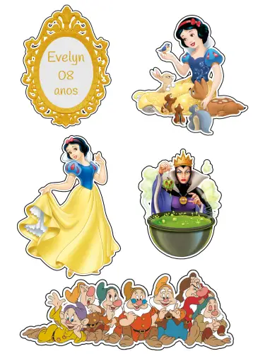 Convite Topo De Pastel Blanca Nieves Imprimir para cumpleaños infantil con tema blanca nieves. – tema topper de torta (colorido, infantil, cuento de hadas, mágico, divertido, ilustraciones lúdicas)