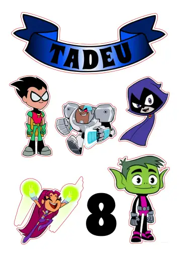 Convite Top Young Titans Heroes Cake Topper para children's birthday with young titans theme. – tema cake topper (colorful, lively, superhero-themed, childish, fun, modern)