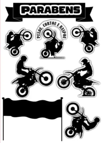Convite Topo De Bolo Moto Branco para motocross or motorcycle-themed birthday party. – tema cake topper (modern, stylish, black and white, motocross, adventure, sporty)