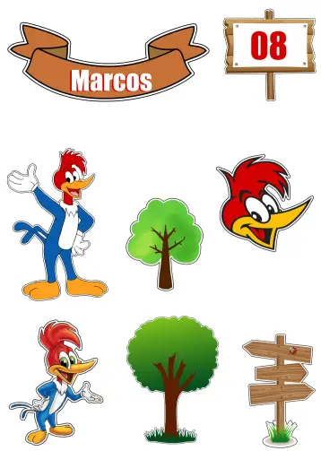 Convite Topo De Bolo Pica Pau Marrón para cumpleaños infantil con temática de pica pau. – tema topper de torta (carnaval, divertido, colorido, naturaleza, infantil, lúdico)