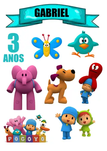 Convite Pocoyo Cake Topper para children's birthday – tema cake topper (colorful, fun, childish, animated, cartoon-themed, vibrant)