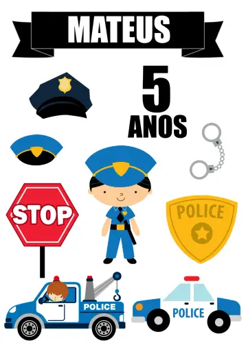 Convite Police Professions Cake Topper para themed birthday party for children and adults who admire the police profession. – tema cake topper (colorful, fun, modern, themed, graphic)