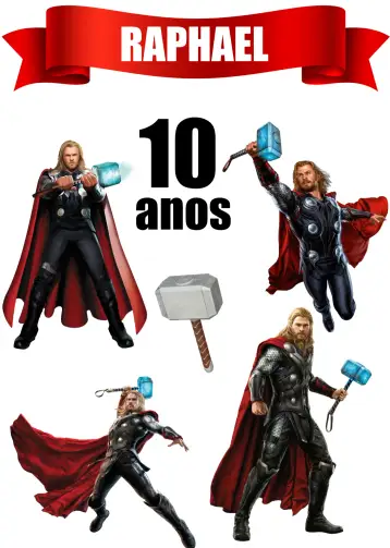 Convite Topo De Bolo Thor Herói para aniversário infantil com tema de super-heróis. – tema topo de bolo (super-heróis, moderno, colorido, dinâmico, aventura, futurista)