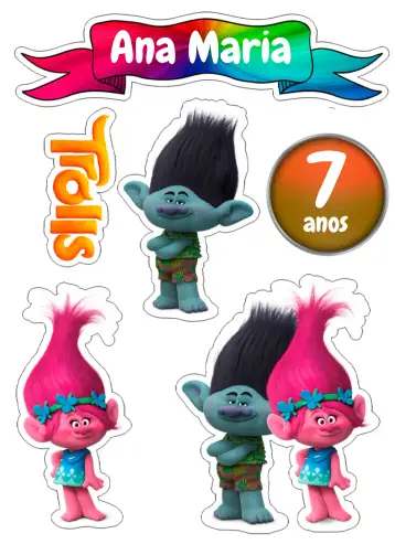 Convite Topo De Bolo Trolls Clorido para aniversário infantil com tema dos trolls. – tema topo de bolo (colorido, divertido, infantil, temático, vibrante)