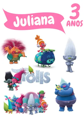 Convite Topo De Bolo Trolls Rosa editável e personalizável