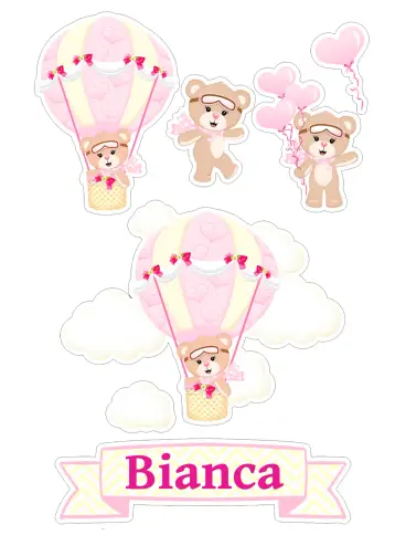 Convite Topo De Bolo Ursinha Baloeira Imprimir para aniversário infantil ou chá de bebê. – tema topo de bolo (rosa, fofo, infantil, brincalhão, colorido, lúdico)