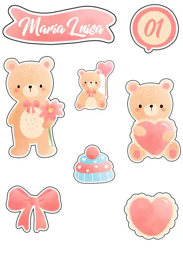 Convite Topo De Bolo Ursinha Coração para aniversário infantil ou chá de bebê. – tema cake topper (pink, childish, cute, delicate, playful)