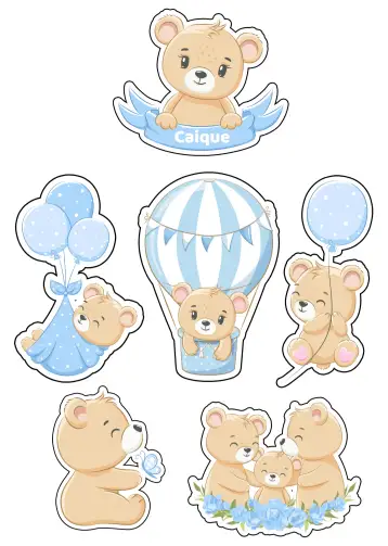 Convite Topo De Bolo Ursinho Baloeiro Branco para children's birthday or baby shower. – tema cake topper (blue, white, brown, balloons, children's, fun)