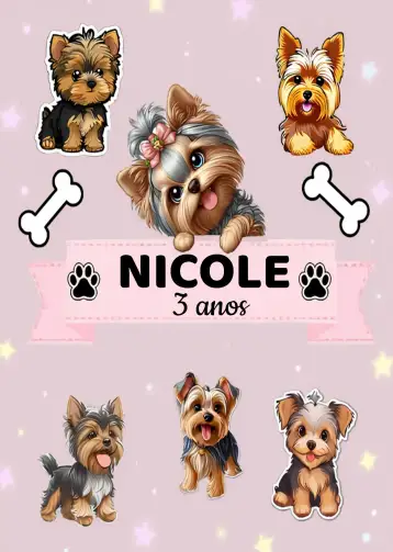 Convite Topo De Bolo Yorkshire Preto para aniversário infantil ou festa temática de pets. – tema topo de bolo (moderno, divertido, colorido, minimalista, fofo, jovial)