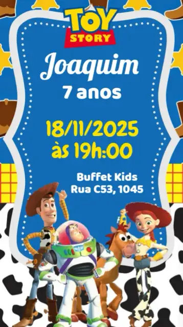 Convite Toy Story para cumpleaños infantil con temática de toy story. – tema cumpleaños infantil (colorido, juguetón, temático, vintage, ilustraciones, divertido)