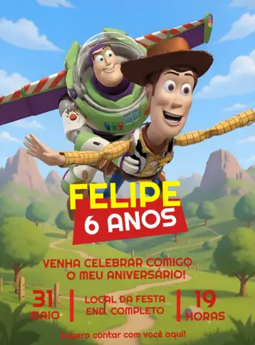 Convite Toy Story Brinquedos para aniversário infantil com tema toy story. – tema mais pesquisados (colorido, divertido, temático, infantil, aventura, brinquedos)