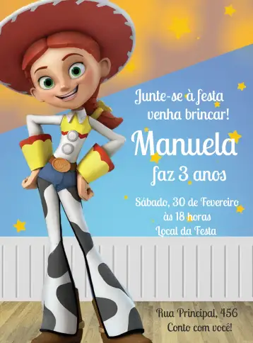 Convite Toy Story Jessie Infantil para aniversário infantil. – tema más buscados (colorido, divertido, temático, infantil, aquarela)