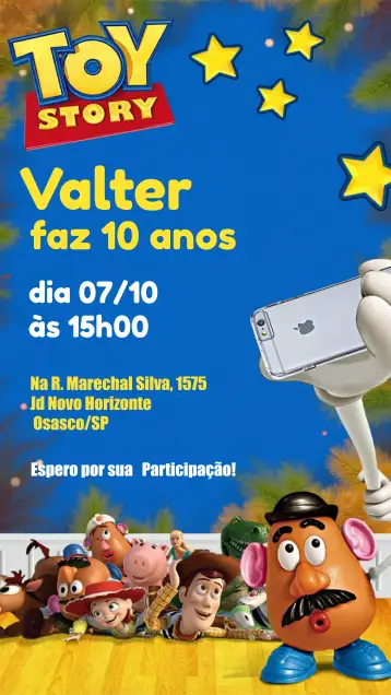 Convite Toy Story Preto para batizado infantil com tema toy story. – tema batizado (divertido, colorido, infantil, temático, lúdico)