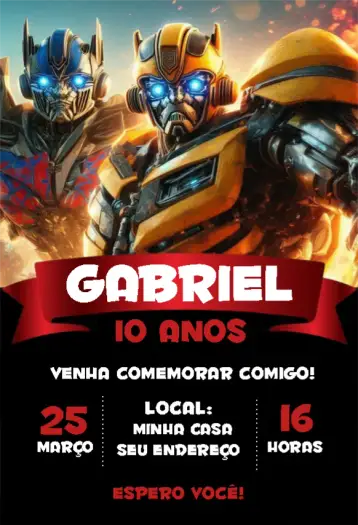 Convite Transformers 1 para aniversário infantil com tema transformers. – tema aniversário infantil (azul, robô, futurista, colorido, dinâmico)