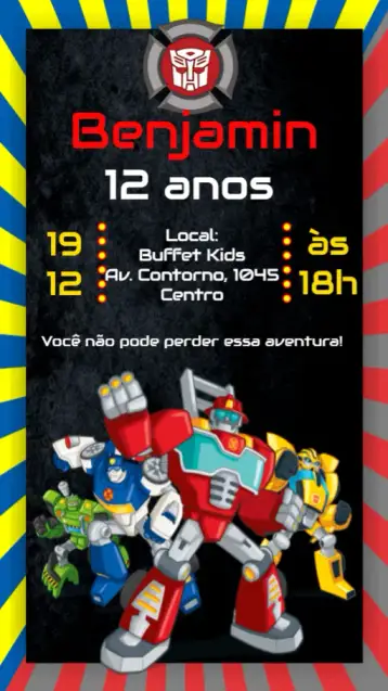 Convite Transformers para aniversário infantil com tema transformers. – tema aniversário infantil (colorido, futurista, aeronáutico, robôs, moderno)