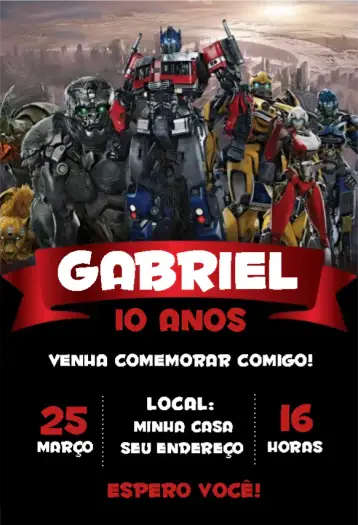 Convite Transformers 2 para aniversário infantil – tema aniversário infantil (moderno, temática de ação, cores vibrantes, estilo pop, futurista, aventura)