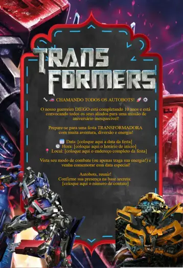 Convite transformers para cumpleaños infantil con temática transformers. – tema cumpleaños (colorido, aventura, futurista, ilustraciones de robots, dinámico, divertido)