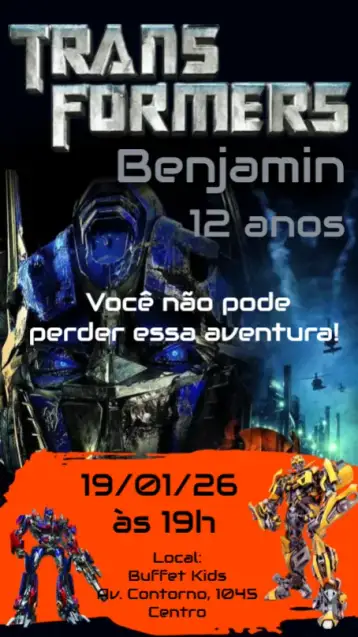 Convite Transformers para aniversário infantil – tema aniversário infantil (colorido, moderno, temático, dinâmico, futurista)