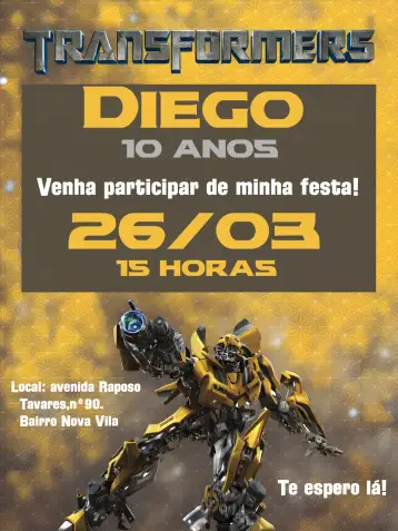 Convite Transformers Amarelo para aniversário infantil com tema transformers. – tema mais pesquisados (amarelo, moderno, ficção científica, colorido, infantil)