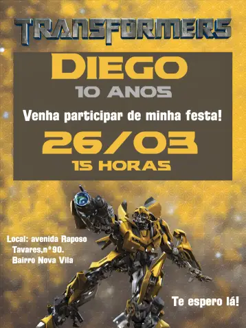 Convite Transformers Amarelo editável e personalizável