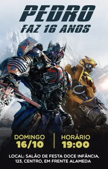 Convite Transformers Cinza para aniversário infantil com tema transformers. – tema mais pesquisados (cinza, amarelo, azul, moderno, temático)