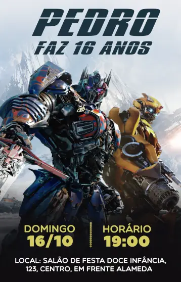 Convite Transformers Cinza editável e personalizável