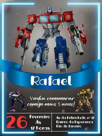 Convite Transformers Preto para festa temática do transformers ou aniversário infantil. – tema mais pesquisados (moderno, futurista, temático, colorido, animado, aventura)