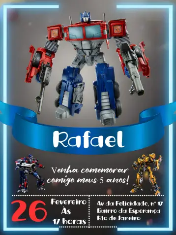 Convite Transformers Preto editável e personalizável