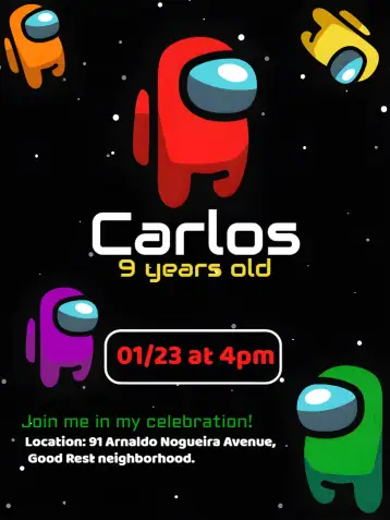 Convite Among Us Yellow para children's birthday party with an among us theme. – tema most searched for (space theme, vibrant colors, game characters, modern style, fun graphic elements)
