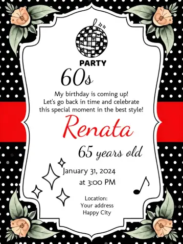 Convite 60s Disco Party para adult birthday with a 60s disco theme. – tema birthday (vintage, colorful, retro, musical, fun)
