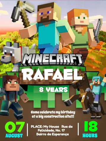 Convite Green Minecraft para kids’ birthday party with minecraft theme. – tema most searched for (Minecraft, colorful, fun-filled, games, adventure, kids)