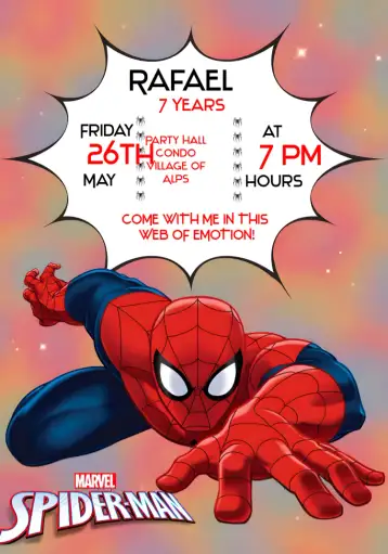 Convite Red Spider-Man para children's birthday with superhero theme. – tema most searched for (red, black, white, superheroes, modern, fun)