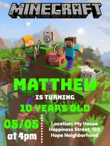 Convite Minecraft Building para children's birthday with minecraft theme. – tema most searched for (green, brown, white, nature, pixelated, fun)