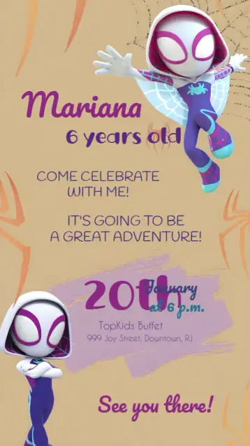 Convite Spidey And His Spectacular Friends Gwen Miles para children's birthday. – tema most searched for (colorful, fun-filled, modern, child-friendly, themed, vibrant)