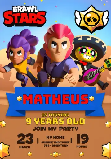 Convite Brawl Stars Photo para children's birthday with brawl stars theme. – tema most searched for (colorful, fun-filled, modern, games, themed, adventure)