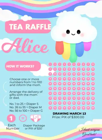 Convite Shower of Love Little Cloud para baby raffle tea. – tema raffle tea (soft, colorful, childlike, nature-themed, playful, joyful)