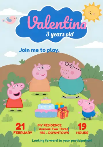 Convite Peppa Pig Kids para kids birthday – tema most searched for (colorful, fun, childish, themed, animated illustrations)